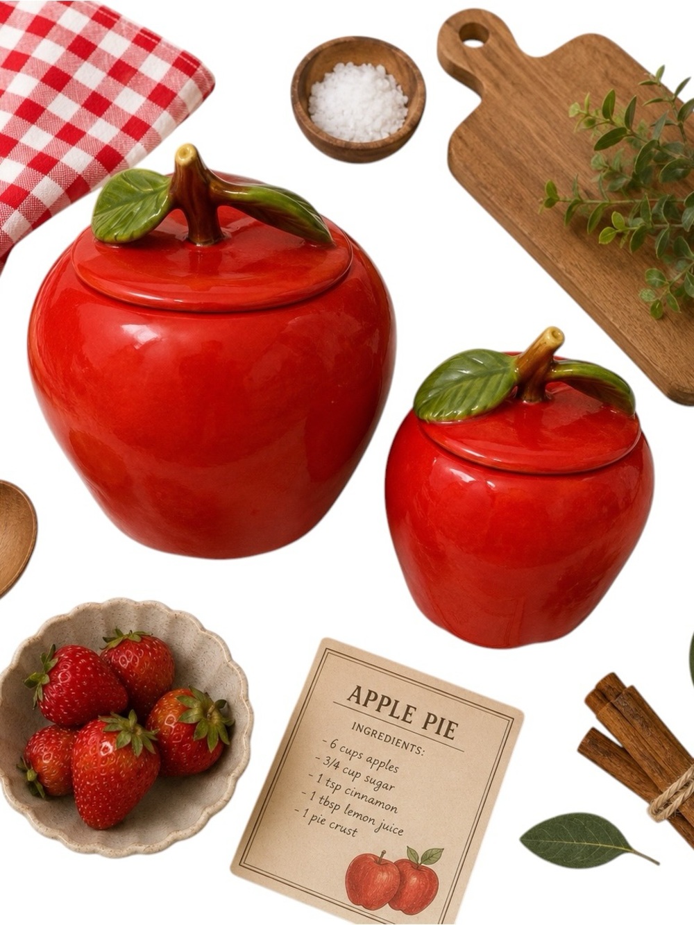 California Pottery Vintage Red Apple Ceramic Canister Set MCM Kitchen Decor EUC